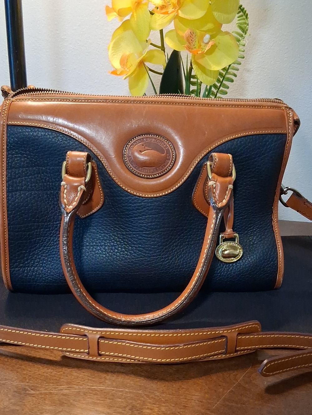 Vintage Dooney & Bourke Black and Brown Pebbled Leather Satchel